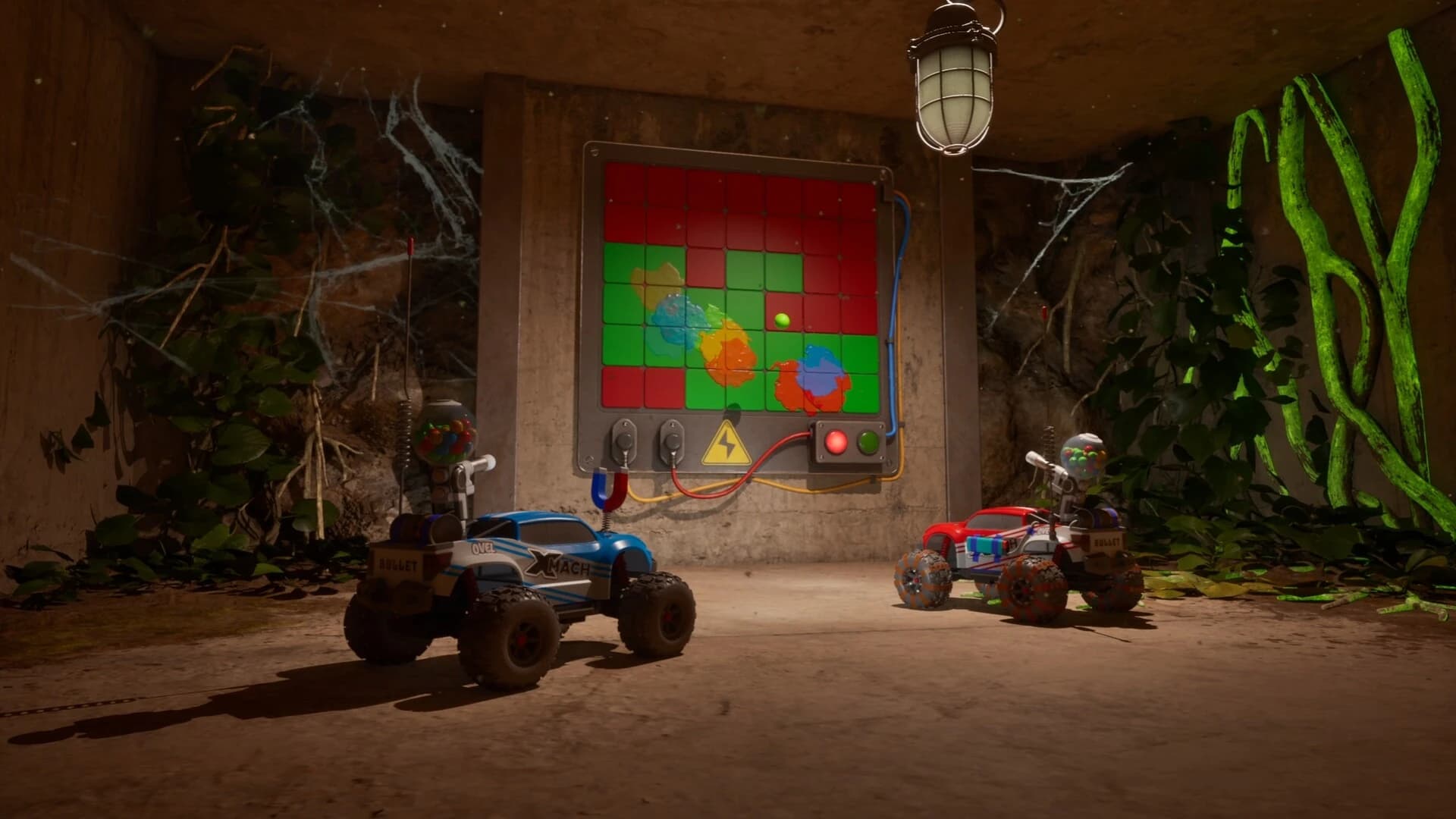 Two WheelMates RC cars facing a laboratory puzzle in Professor Bloom’s house